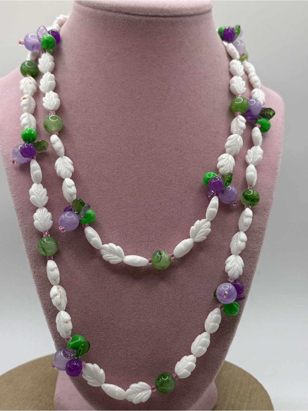 White plastic Bead Necklace with Purple and Green Accents - Women Jewelry